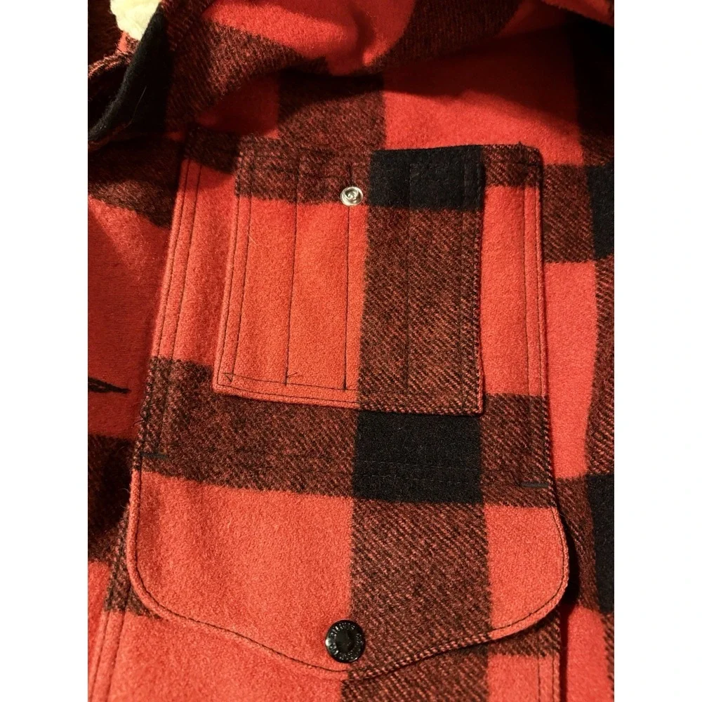 VTG CC Filson Mackinaw Wool Packer Coat Men's 48 Red Buffalo Plaid Shearling USA - Picture 7 of 16
